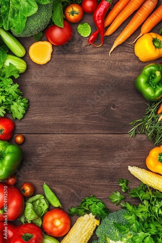 An overhead shot of an assortment of fresh organic vegetables and herbs laid out on a rustic wooden table.