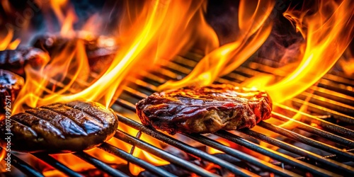 Close-up BBQ grill, juicy steak sizzling, smoky aromas. photo