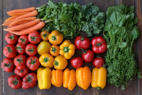 An overhead shot of an assortment of fresh organic vegetables and herbs laid out on a rustic wooden table.