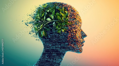 Nature, tech, and self converge in a vibrant silhouette of plants and code against soothing gradients in wellness art. 