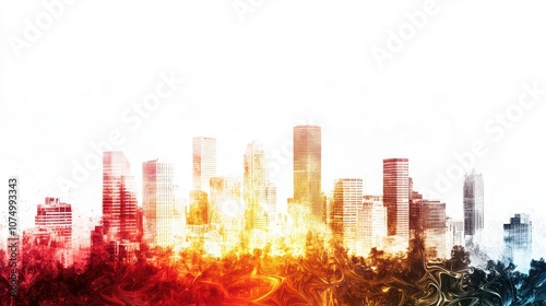 Cityscape meets tranquil garden in vibrant hues, blending urban hustle with serene tranquility in a surreal, contemporary fusion. 