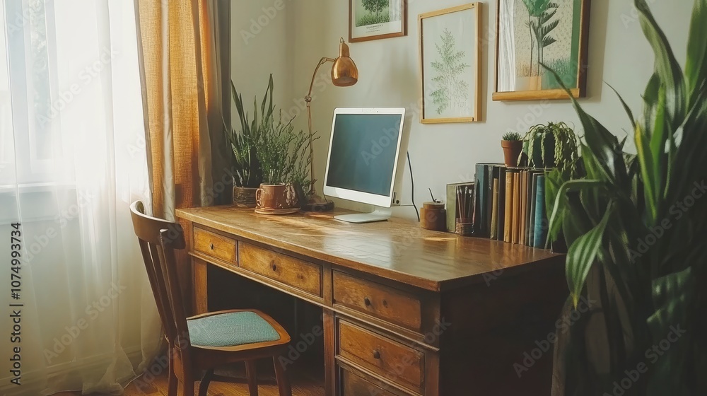 Home office workspace with wooden desk, chair, and natural light Home office workspace with wooden desk, chair, and natural light