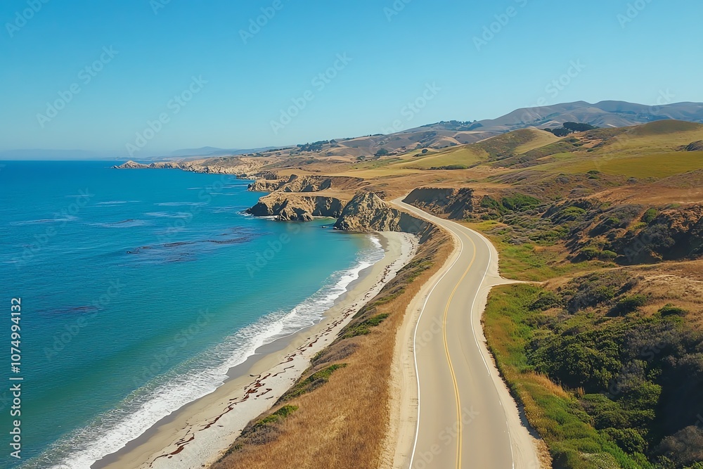 Drone shot of a quiet, winding coastal road. Drone shot of a quiet, winding coastal road.