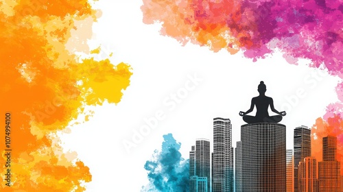 Meditating on a skyscraper, surrounded by vibrant, psychedelic clouds, finding inner peace in the chaos of modern life. 