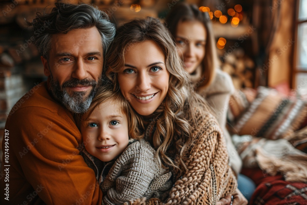 A warm family gathering takes place indoors with four members smiling and embracing each other A warm family gathering takes place indoors with four members smiling and embracing each other