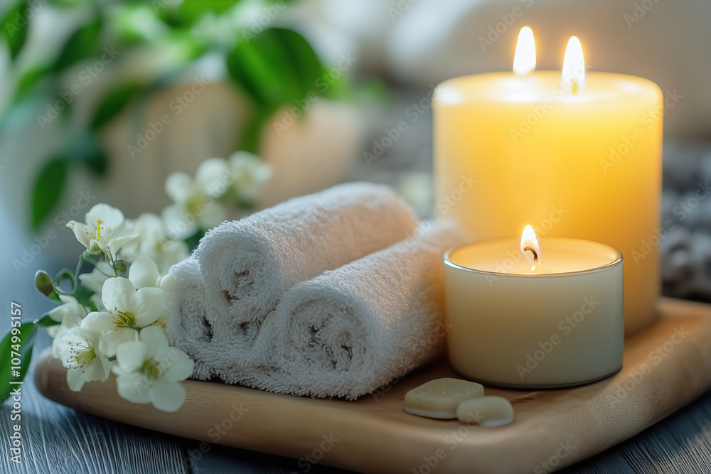 Relaxing spa arrangement with candles and towels surrounded by flowers on a wooden tray in a calming atmosphere. Generative AI Relaxing spa arrangement with candles and towels surrounded by flowers on a wooden tray in a calming atmosphere. Generative AI