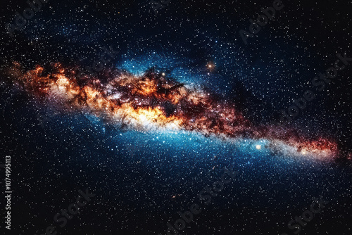 A stunning view of a vibrant galaxy featuring bright stars and swirling cosmic colors against a dark space backdrop.