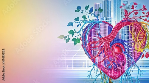 A vibrant and surreal portrayal of a heart intertwined with urban elements and nature, symbolizing emotional balance and harmony. 