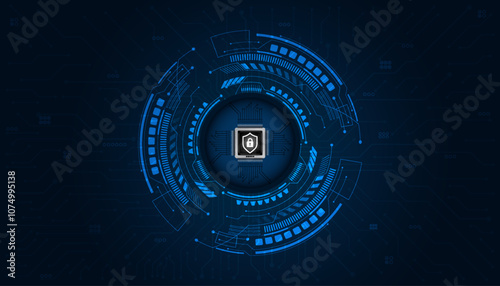 microchips protect, CPU chip background with circuit light elements in blue on technology dark background. Circuit board, AI semiconductor and computer processor. Abstract