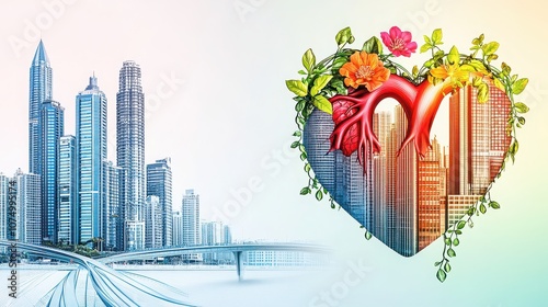 A vibrant urban heart entwined with nature's beauty against a calming backdrop, symbolizing emotional balance and harmony. 