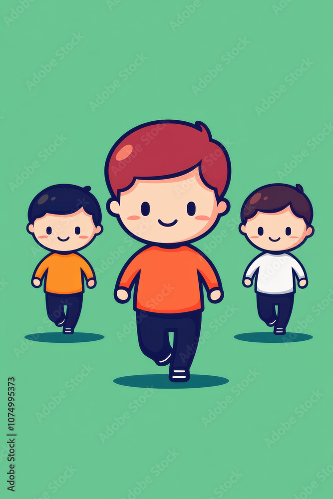 A vibrant illustration of three cartoon boys walking confidently, showcasing a playful and energetic vibe against a simple green background. A vibrant illustration of three cartoon boys walking confidently, showcasing a playful and energetic vibe against a simple green background.