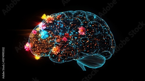 Vivid artwork blending brain, flowers, and circuits symbolizing harmony between mind, nature, & tech for mental health. 