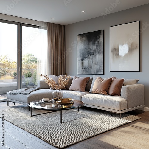 A detailed 3D rendering of a modern minimalist living room interior. Features a comfortable gray sofa with decorative cushions in muted pastel colors like blush pink and soft teal.
