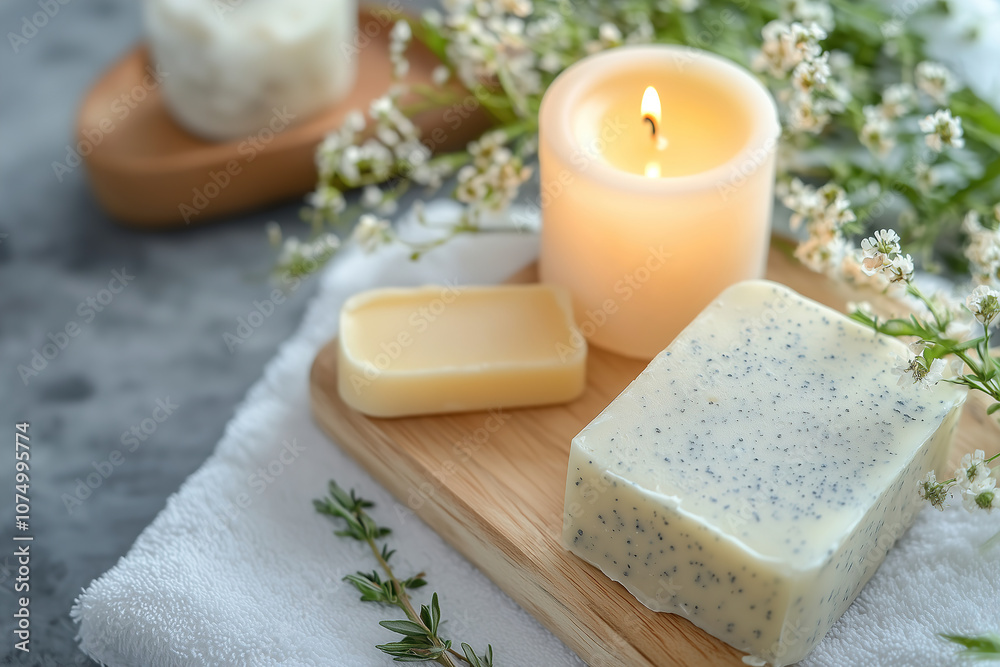 Handcrafted natural soap and candle on a wooden tray with fresh herbs and flowers in a serene indoor setting. Generative AI