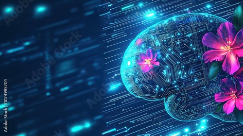 Vibrant brain art intertwining flowers, circuits in serene colors, symbolizing harmony of mind, nature, tech for well-being. 