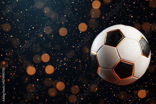 A dynamic soccer ball in mid-air against a shimmering background of golden bokeh lights, perfect for sports themes and creative projects.