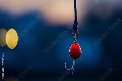 Red Fishing Lure with Hook on Blue Background