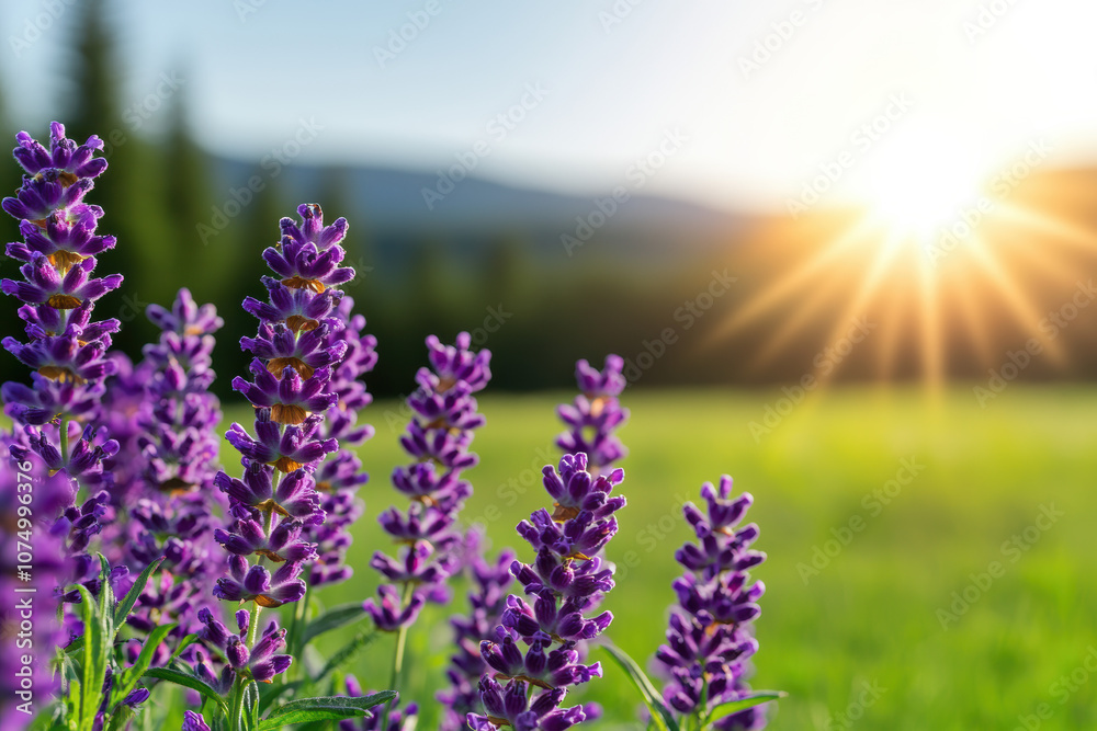 Obraz premium Vibrant lavender flowers bask in the golden glow of sunrise, creating a serene and picturesque landscape full of natural beauty and tranquility.