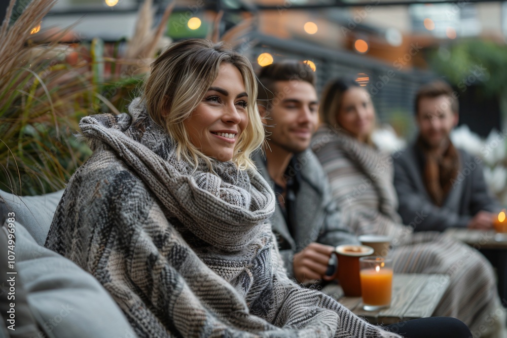 A group of friends gathers at an outdoor cafe, wrapped in soft blankets, sipping warm drinks. Their cheerful expressions reflect the enjoyment of their cozy evening together