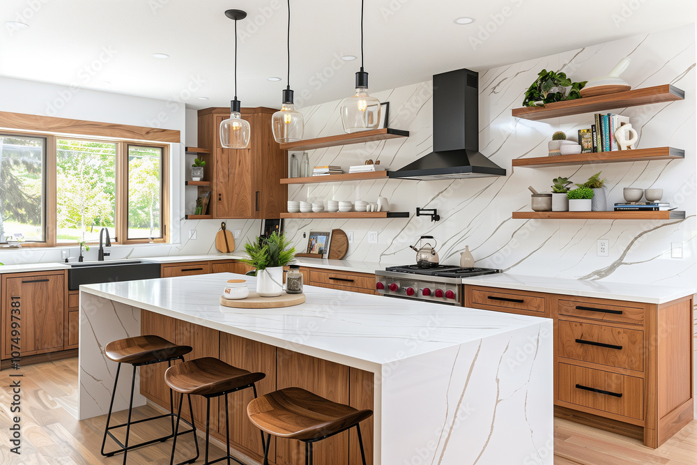Contemporary Scandinavian kitchen with white marble countertops, floating shelves, wooden cabinetry, and minimalist bar stools for a clean, open vibe. home interior Contemporary Scandinavian kitchen with white marble countertops, floating shelves, wooden cabinetry, and minimalist bar stools for a clean, open vibe. home interior