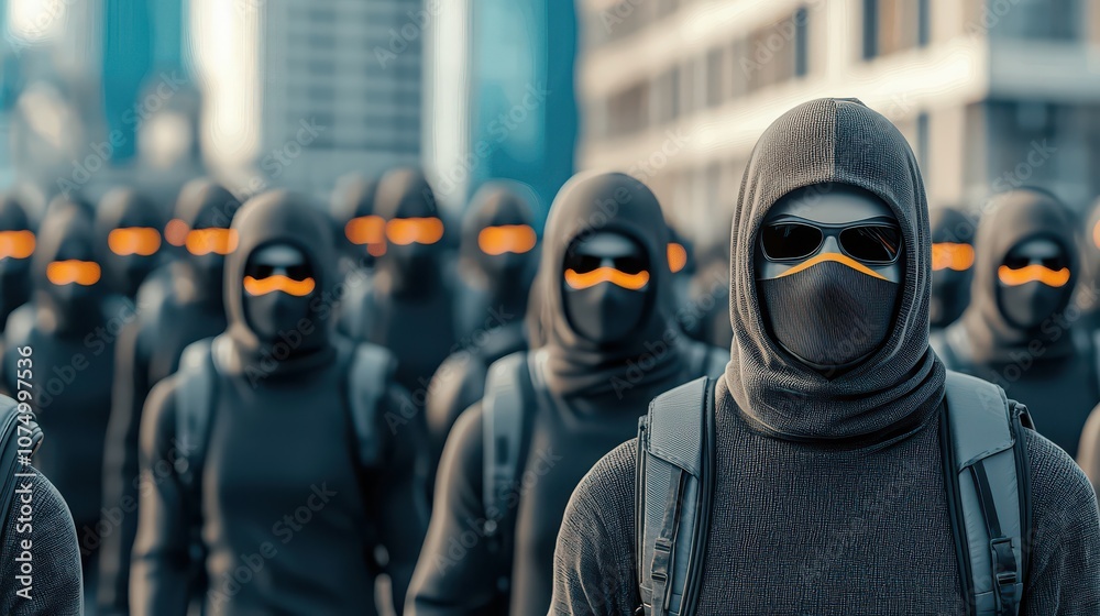 Masked crowd marches in eerie unison through city, symbolizing conformity and loss of individuality in a deceptive society. Masked crowd marches in eerie unison through city, symbolizing conformity and loss of individuality in a deceptive society.