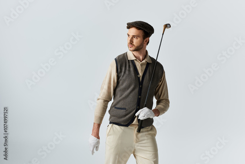 A dapper gent in stylish attire holds a golf club with elegance against a minimalistic backdrop photo