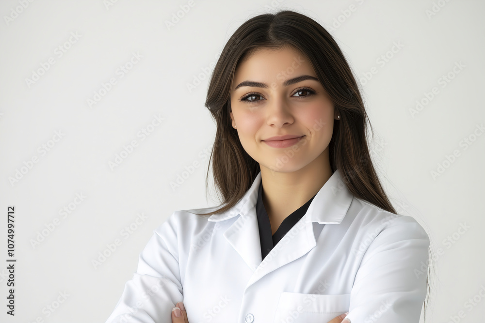 Young female medical professional in a white coat posing confidently against a neutral background in a well-lit environment. Generative AI