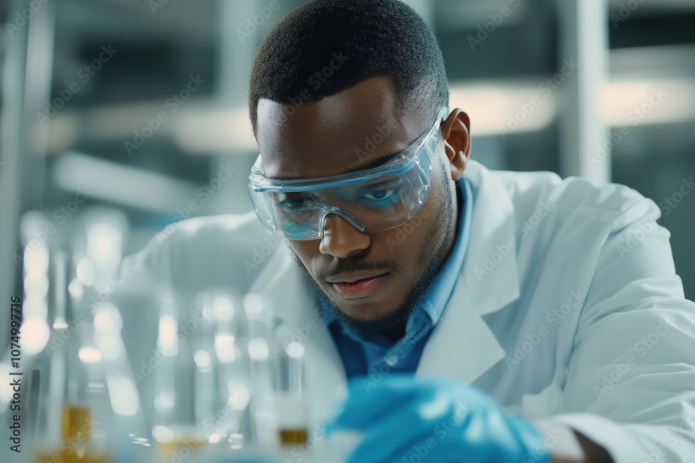 Scientist in a lab closely examines test tubes while conducting experiments in a modern research facility during daytime. Generative AI Scientist in a lab closely examines test tubes while conducting experiments in a modern research facility during daytime. Generative AI