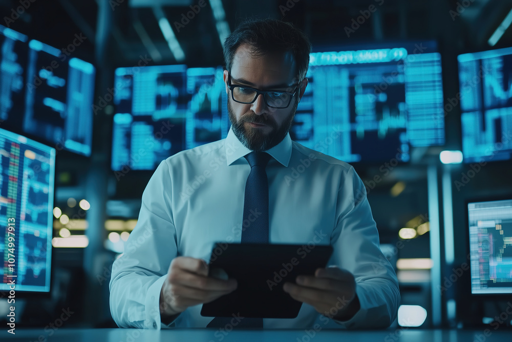 Fototapeta premium A focused businessman reviews data on a tablet in a modern trading room filled with digital displays late at night. Generative AI