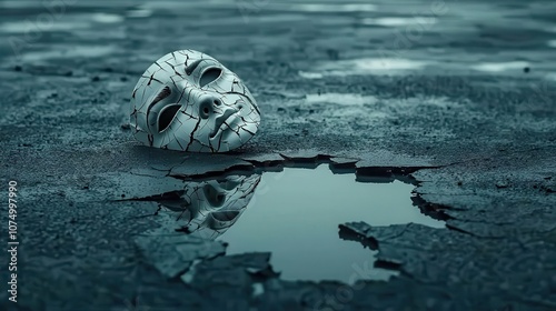 Symbolic mask shattered, reflecting a sorrowful face in a puddle, exposing the deceit in a society of pretense. Somber colors. 