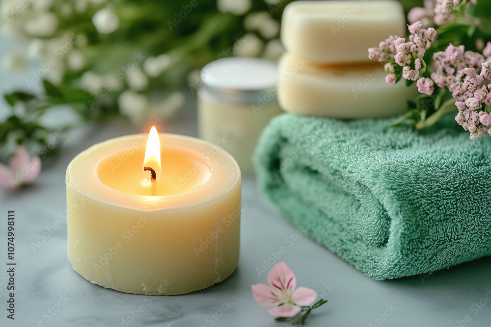 Relaxing spa setup featuring a lit candle, green towels, soap, and fresh flowers on a marble surface. Generative AI Relaxing spa setup featuring a lit candle, green towels, soap, and fresh flowers on a marble surface. Generative AI