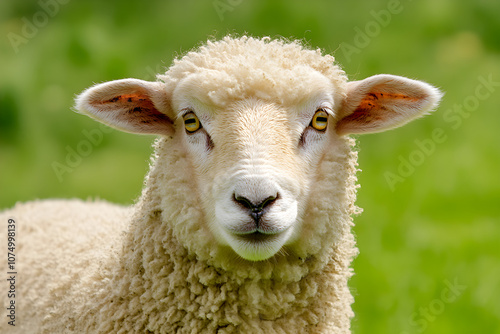 A close-up photo of a lamb on a green field conveys a sense of innocence and tranquility with its soft wool and gentle expression