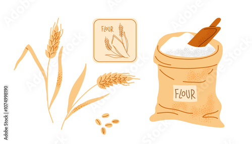 Canvas bag of flour, ears, grains and tag for packing flour. Bread and harvest agricultural symbol flour. Flat Vector isolated on white background. Product Displays, Marketing, Design Projects