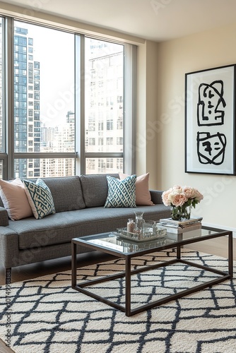 A detailed 3D rendering of a modern minimalist living room interior. Features a comfortable gray sofa with decorative cushions in muted pastel colors like blush pink and soft teal.