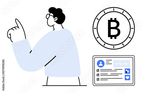 Businessperson gesturing with raised finger, Bitcoin symbol, digital profile with social media icons. Ideal for cryptocurrency, finance, business strategy, digital identity, social media, online