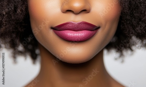 Close-up of lips with bold burgundy lipstick, smooth skin, curly hair