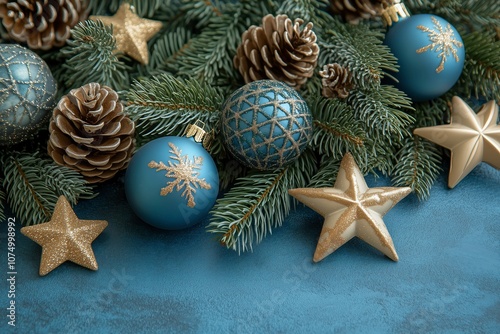 Christmas background with blue and gold decorations, stars, and pine branches on a blue backdrop