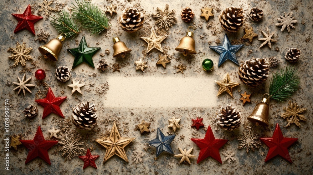 Fototapeta premium A festive arrangement of holiday decorations including stars, bells, and pinecones.