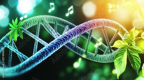 DNA, music notes, and plants blend in vibrant hues, symbolizing the harmony of science, art, and nature in personal well-being. 