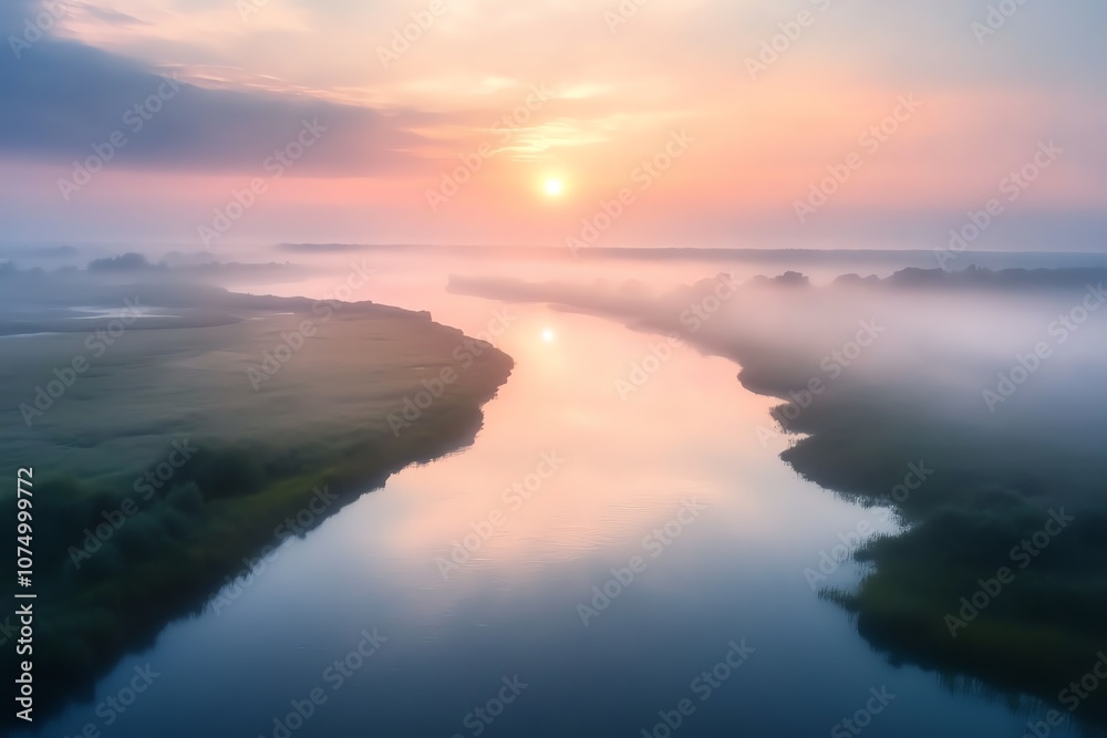 Drone shot of a tranquil, empty river delta at sunrise. Drone shot of a tranquil, empty river delta at sunrise.