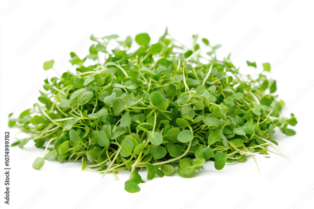 Fresh microgreens pile on a white background, ideal for salads, garnishes, and healthy cooking in contemporary kitchens. Generative AI Fresh microgreens pile on a white background, ideal for salads, garnishes, and healthy cooking in contemporary kitchens. Generative AI
