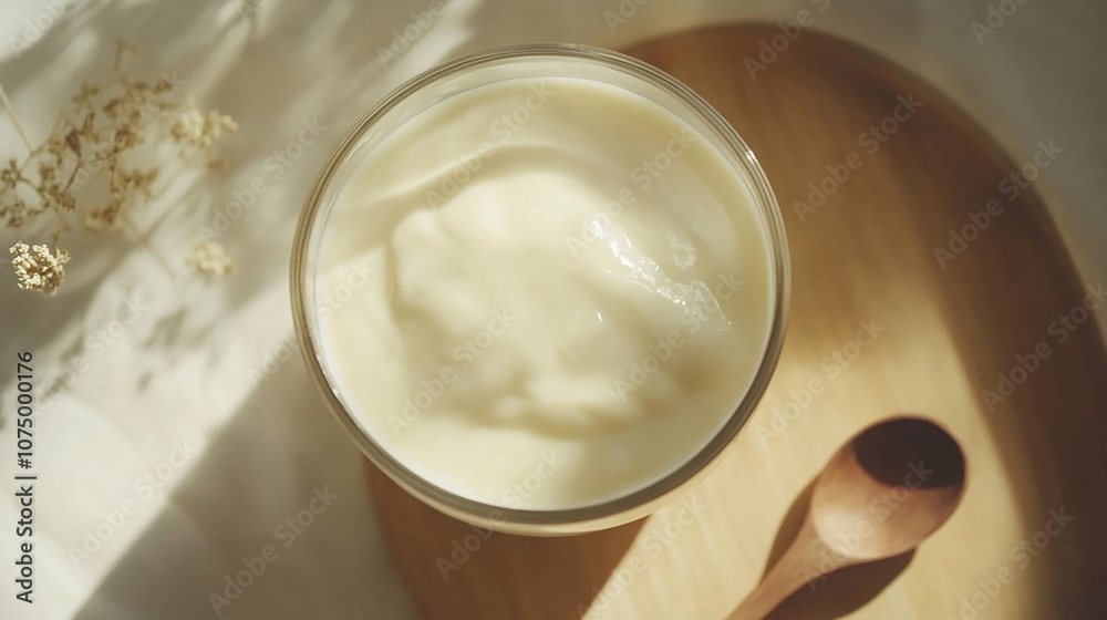 Close-up of plain yogurt in a glass container