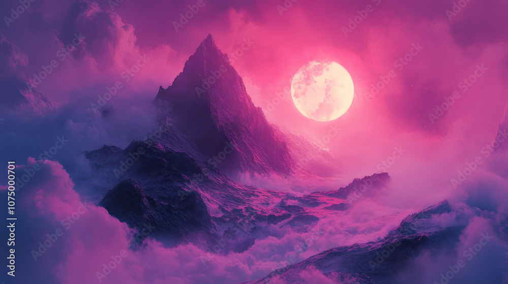 Vibrant surreal landscape with a glowing full moon illuminating misty mountains under a pink and purple sky, creating a mystical atmosphere. Vibrant surreal landscape with a glowing full moon illuminating misty mountains under a pink and purple sky, creating a mystical atmosphere.