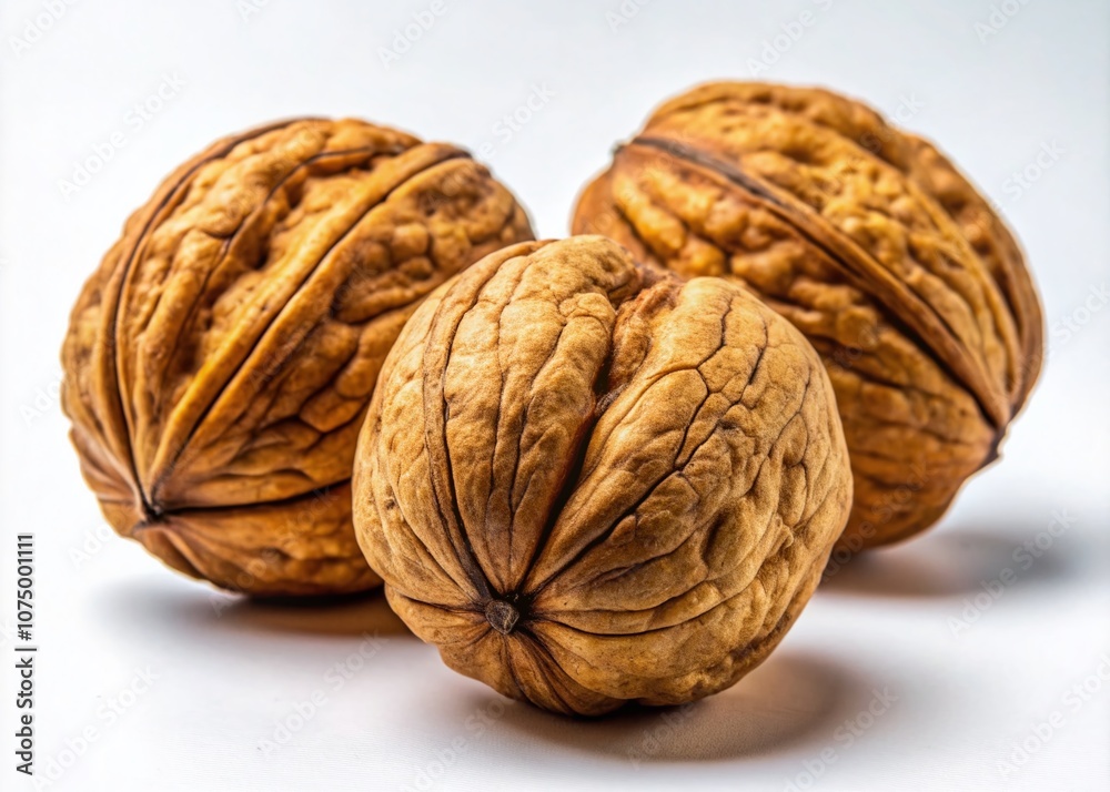 Three walnuts, candid group portrait, isolated on white. Three walnuts, candid group portrait, isolated on white.