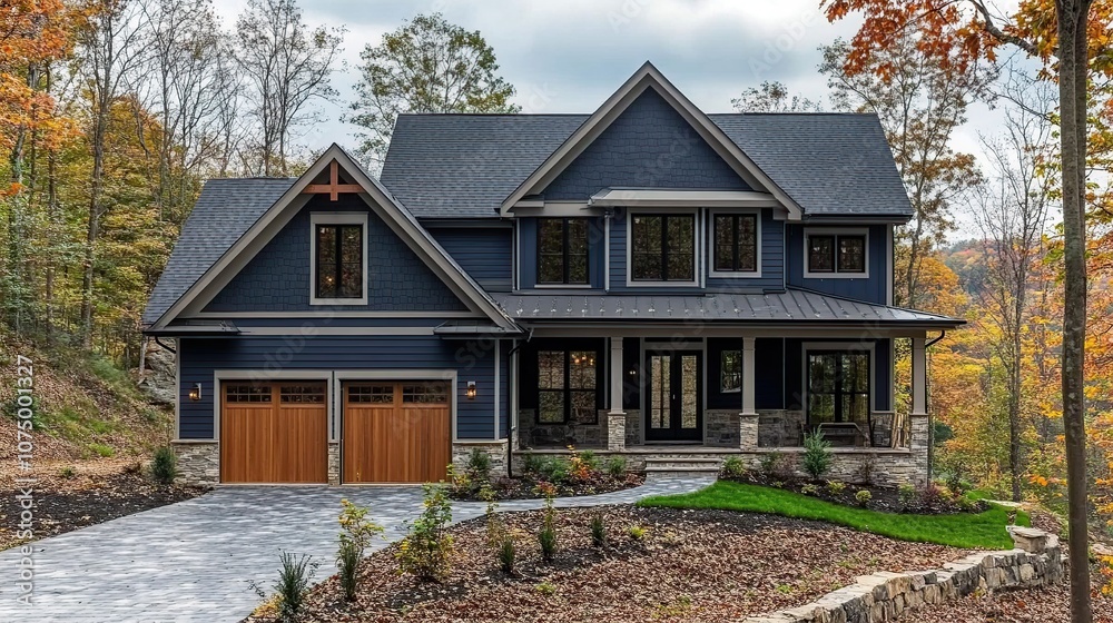 A modern farmhouse with a blue exterior, stone accents, a wraparound porch, and a two-car garage. A modern farmhouse with a blue exterior, stone accents, a wraparound porch, and a two-car garage.