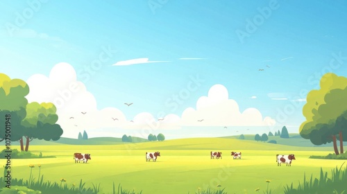 Farm background featuring lush green fields, grazing cows, and a clear blue sky, isolated on white