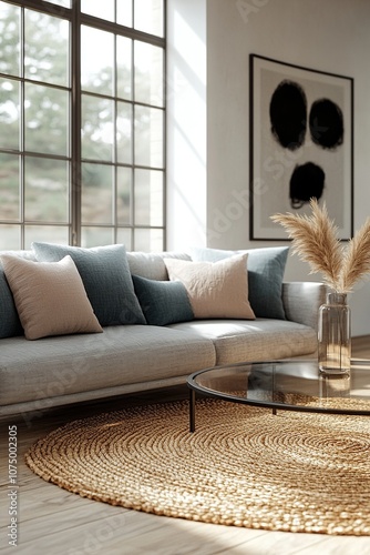 A detailed 3D rendering of a modern minimalist living room interior. Features a comfortable gray sofa with decorative cushions in muted pastel colors like blush pink and soft teal.