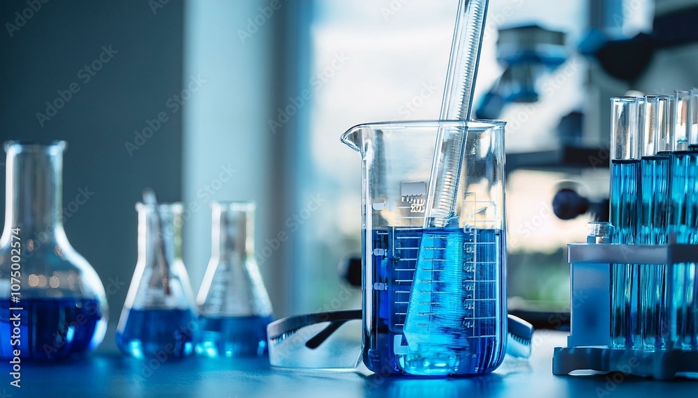 The essence of chemistry captured through beakers and flasks, each holding mysteries in their colorful solutions. The essence of chemistry captured through beakers and flasks, each holding mysteries in their colorful solutions.