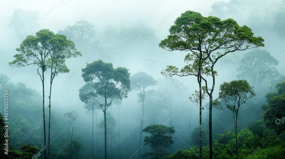 a fog-covered forest with tall trees and dense foliage a fog-covered forest with tall trees and dense foliage