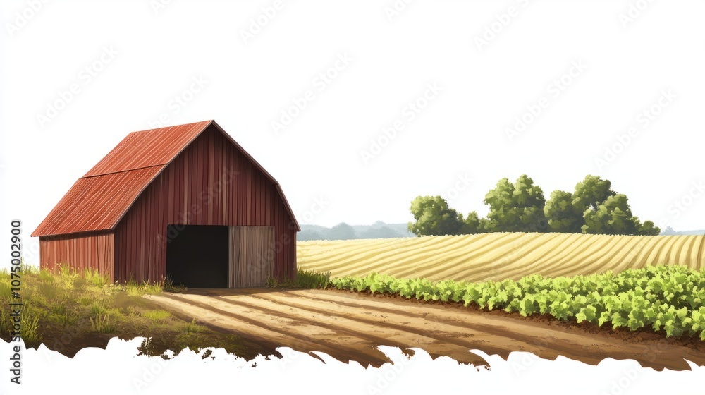 Farm setting with crops, old wooden barn, and open fields stretching into the distance, isolated on white Farm setting with crops, old wooden barn, and open fields stretching into the distance, isolated on white